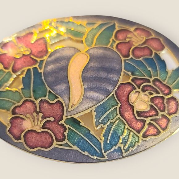 Vintage Gold Tone Cloisonne Tropical Arthurium Flowers Large Brooch Lapel Pin - Picture 7 of 10
